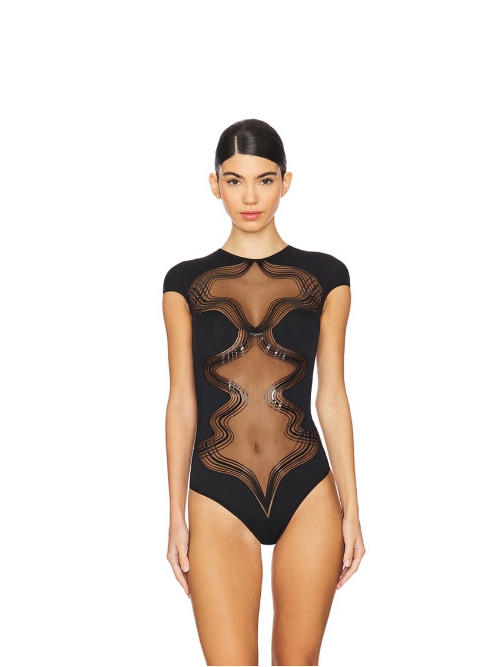 Thistle and Spire Black Sheer Wave-Panel Bodysuit